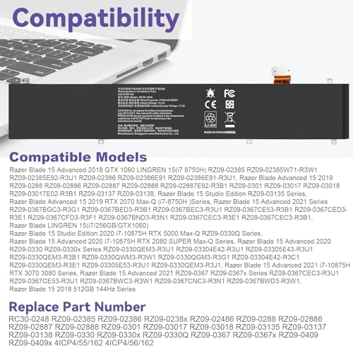 RC30-0248 Battery Replacement for Razer Blade Advanced 15 2018 2019 2020 2021 RTX 2060 2070 2080 RZ09-02385 RZ09-02386 RZ09-02386E92 RZ09-02486 RZ09-02886 RZ09-02887 RZ09-0301 RZ09-03135 4ICP4/55/162 - size: RC30-0248 15.71 4.84 1.18in