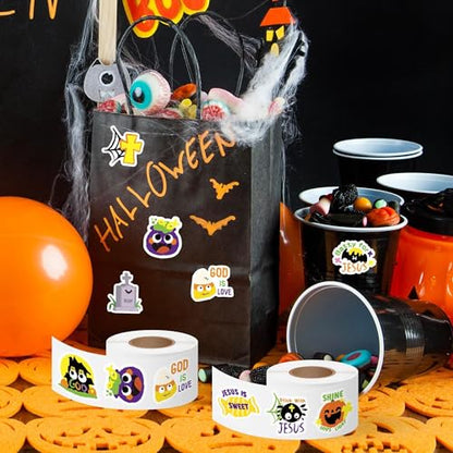 Haooryx Halloween Religious Sticker Rolls - 1000Pcs Christian Religious Stickers Pumpkin Ghost Spider Bible Verse Self Adhesive Waterproof Vinyl Water Bottle Page Activity Pad Party Favor Junk Journal - style: Religious Theme Halloween 2Roll