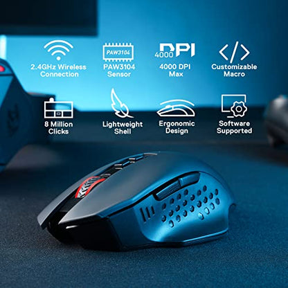 Redragon M656 Wireless Gaming Mouse, 4000 DPI & Programmable | 5 DPI Levels, 7 Macro Buttons, Red LED Backlit & Pro Software/Drive Supported, for PC/Mac/Laptop - style: 2.4G Wireless