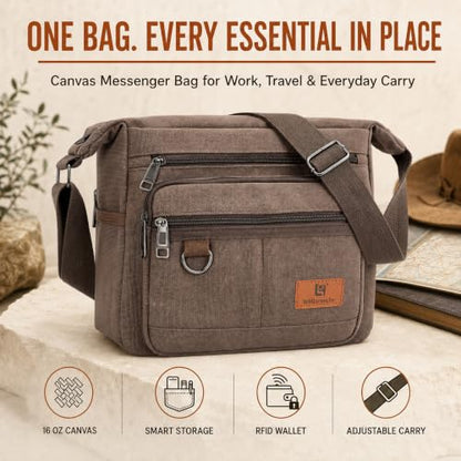 Rfid Crossbody Messenger Bag with Water Bottle Holders, 13 inch Laptop Shoulder Bag, Sling Satchel Purse w/Built-in Wallet - color: Brown