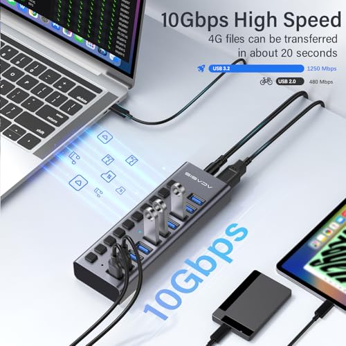 ACASIS Powered 10 Ports USB 3.2 Hub, 10Gbps Data Transfer, 48W Adapter | Individual On/Off Switch for Each Port • Aluminum Housing • Better Heat Dissipation • Plug & Play - size: 10 ports