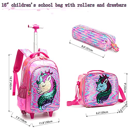 School Kids Rolling Backpack for Girls 3PCS With Trolley Wheeled Backpacks - color: Djs-mh