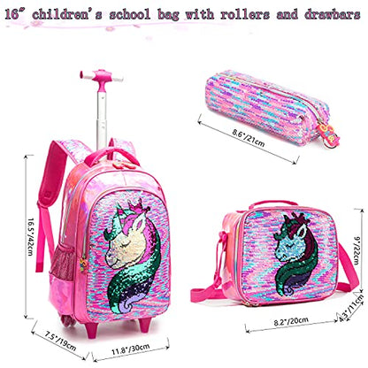 School Kids Rolling Backpack for Girls 3PCS With Trolley Wheeled Backpacks - color: Djs-mh