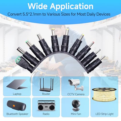 10PCS DC Power Adapter Connector kit with 5.5 x 2.1mm Female Base, 2.5x0.7mm/3.0x1.1mm/3.5x1.35mm/4.0x1.7mm/4.8x1.7mm/5.5x1.7mm/5.5x2.5mm/6.3x3.0mm/6.0x4.4mm/LED Terminal Connector