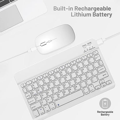 Bluetooth Keyboard and Mouse Combo Rechargeable Portable Wireless Keyboard Mouse Set for Apple iPad iPhone iOS 13 and Above Samsung Tablet Phone Smartphone Android Windows (10 inch White) - color: white