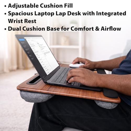 Cyberguys Comfort Lap Desk for Laptop up to 15.6 in – Black with Saddletan Wood Overlay with Mouse Pad, Phone & Tablet Slot, Dual Cushion Base, Wrist Rest & Carry Handle for Bed Desk Couch Sofa - color: Black With Saddletan Wood Overlay