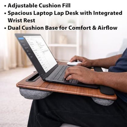 Cyberguys Comfort Lap Desk for Laptop up to 15.6 in – Black with Saddletan Wood Overlay with Mouse Pad, Phone & Tablet Slot, Dual Cushion Base, Wrist Rest & Carry Handle for Bed Desk Couch Sofa - color: Black With Saddletan Wood Overlay