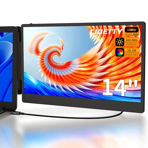 CIDETTY Laptop Screen Extender, 14" Dual Portable Monitor FHD 1080P IPS, USB-C/HDMI Plug & Play Travel Screen for 13-17" Laptops, Compatible with Wins/Mac/Chrome/Switch/Android