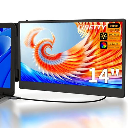 CIDETTY Laptop Screen Extender, 14" Dual Portable Monitor FHD 1080P IPS, USB-C/HDMI Plug & Play Travel Screen for 13-17" Laptops, Compatible with Wins/Mac/Chrome/Switch/Android