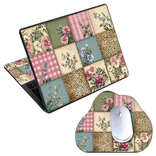 Laptop Skin Sticker Decal 15-15.6 Inch with Cute Mouse Pad, Universal Reusable Vinyl Sticker for 12.1 13 13.3 14 15.4 Inch Netbook and Notebook PC, Floral Leopard Patchwork - color: Floral Leopard Patchwork