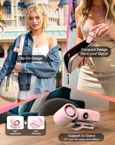 Portable Clip-On Mini Fan, Personal Handheld Fan for Stroller w/ LED Screen | Hands-Free, 360°Rotatable Clip, Turbo 13500RPM,4 Wind,USB Rechargeable, Travel Lash Beach Concert Ideal, Gifts for Women Girl - color: Pink