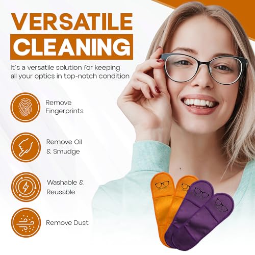 Finger Grip Eyeglass Cleaner (4 Pack) – Premium Microfiber Glasses Cleaning Cloth for Eyeglasses, Sunglasses, Phone Screen & Camera Lens (Orange/Purple) - color: Orange/Purple