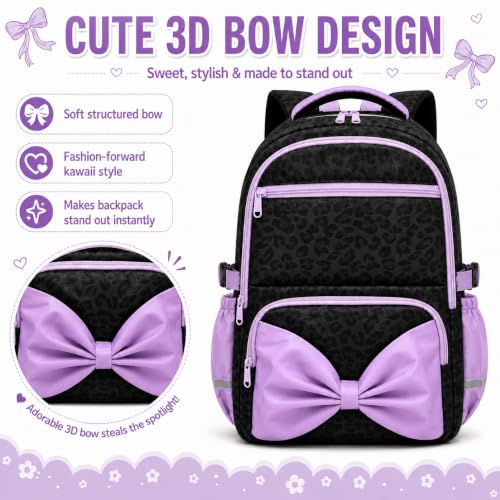 WOBAGMEN Printed Backpack for Adult Women with Bow | Water-Resistant Printed school bag, Spacious Storage for Elementary and Middle School Students（Black Leopard） - color: Black Leopard