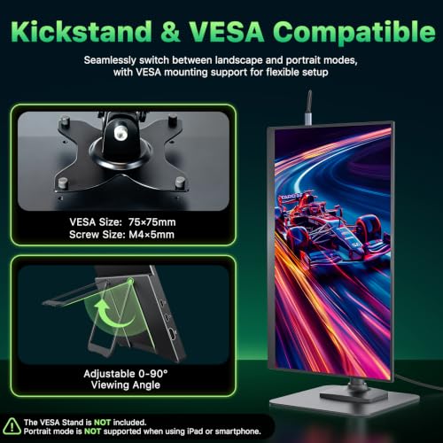 Upperizon Portable Monitor 19 inch 4K UHD 3840X2160 125% sRGB 144Hz HDR HDMI USB-C Travel Monitor for Laptop MacBook PC Surface Xbox, Large External Display with Kickstand & Speakers, VESA Compatible - size: 19 inch