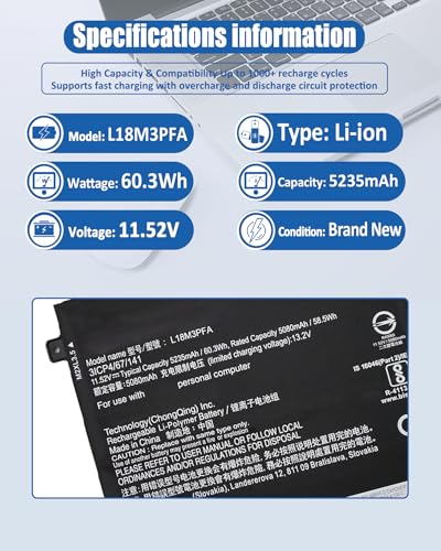 L18M3PFA L18D3PF2 Battery Replacement for Lenovo Yoga C740-15IML C740-15 C740-15IML-81TD 81TD0040GE 81TD003YGE 81TD004GGE Series Notebook 5B10T83740 5B10W67258 60.3Wh 3-Cell - size: 11.79*6.28*0.19 IN L18M3PFA