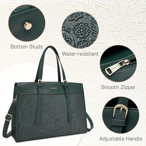 Missnine Laptop Tote Bag for Women 15.6 Inch Leather Work Bags Teacher Computer Purse Briefcase Handbag for Office, Travel - color: Embossed Green