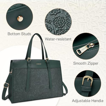 Missnine Laptop Tote Bag for Women 15.6 Inch Leather Work Bags Teacher Computer Purse Briefcase Handbag for Office, Travel - color: Embossed Green