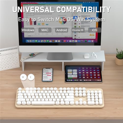 Colorful Wireless Bluetooth Keyboard (White Milk-Tea) | Connect Up to 3 Devices Simultaneously, 2.4GHz and Dual Mode Bluetooth Keyboard for PC, Laptop, Windows, Mac - color: White Milk-Tea