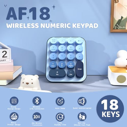 Ajazz AF18 Wireless Numeric Keypad, 2.4G USB Wireless Connection, Ergonomic 18-Key Compact Silicone Bear Design, Gradient Keycaps, Detachable & Portable Number Pad for PC, Laptop Blue - color: Blue
