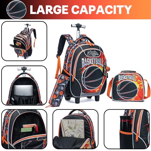 Meetbelify Kids Rolling Backpack with Wheels for Boys Rolling Backpacks with Lunch Box for Elementary School Students 3 in 1 Travel Luggage Carry on Suitcase for Boys Age 8-10 - color: 02 Basketball