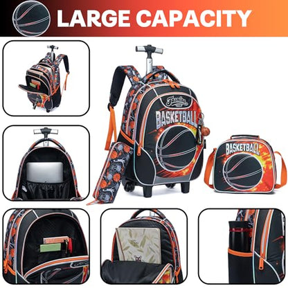Meetbelify Kids Rolling Backpack with Wheels for Boys Rolling Backpacks with Lunch Box for Elementary School Students 3 in 1 Travel Luggage Carry on Suitcase for Boys Age 8-10 - color: 02 Basketball