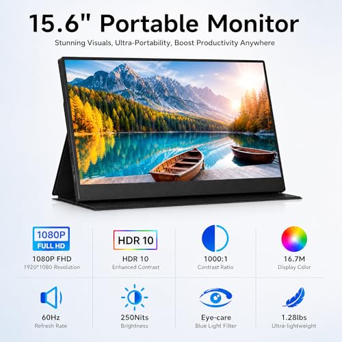 15.6" Portable Monitor, 1.28lb Ultra-Light 1080P FHD Laptop Screen | Anti-Glare, Low Blue Light, 85% sRGB, USB-C, HDMI, Kickstand Case External Monitor for Laptop, MacBook, Switch, PS5, Xbox - size: 15.6