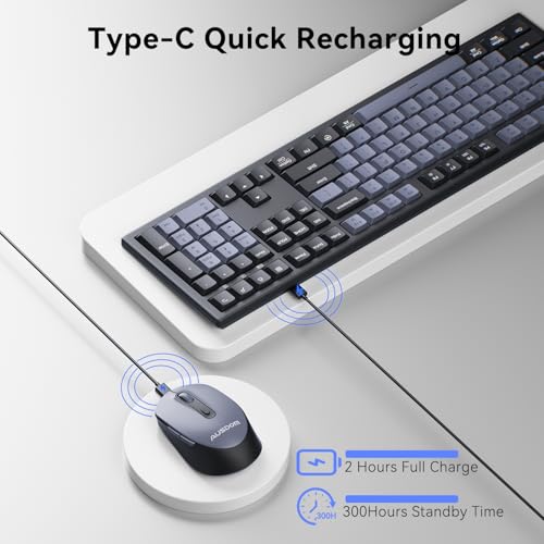 AUSDOM Wireless Keyboard and Mouse Combo - 108 Keys Mechanical Feel, 2.4G Full-Sized Rechargeable Silent Keyboard & 3 DPI Adjustable Mouse, Numeric Keypad, USB Receiver for PC/Laptop/Windows/Mac
