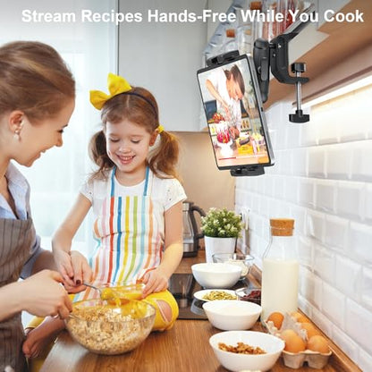 iPad Under Cabinet Mount, Kitchen Tablet Holder, iPad Desk Mount with Clamp | Heavy Duty Aluminum Base & Metal Arm, 360° Rotation, Compatible with 4.7"-12.9" iPad Pro/Air/Mini/Kindles/Galaxy Tab/Phones
