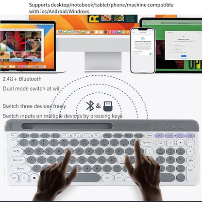 Wireless Keyboard and Mouse Combo with Phone Tablet Holder, Rechargeable Dual-Mode (Bluetooth 5.0 and 3.0 +2.4G) Multi-Device Silent Mouse for Windows, iPad, Tablet, MacOS,iOS,Android (Grey+White) - color: Grey+White
