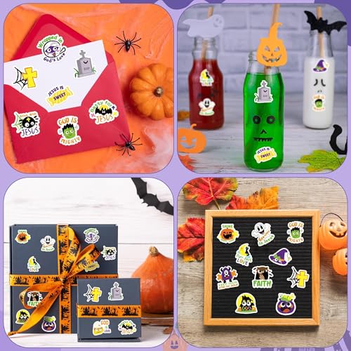 Haooryx Halloween Religious Sticker Rolls - 1000Pcs Christian Religious Stickers Pumpkin Ghost Spider Bible Verse Self Adhesive Waterproof Vinyl Water Bottle Page Activity Pad Party Favor Junk Journal - style: Religious Theme Halloween 2Roll