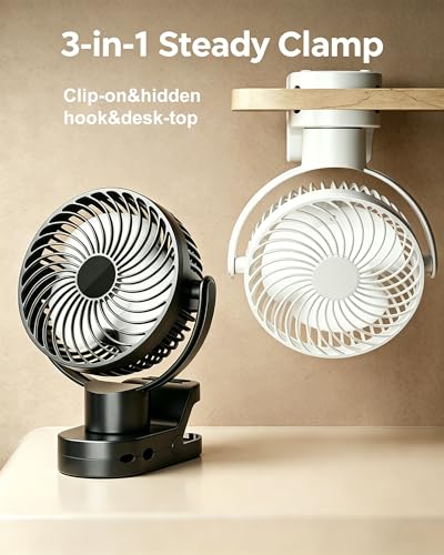Clip On Fan, Rechargeable Battery Operated Fan with 360° Auto Oscillation, Portable USB Table Fan with Remote, LED Light & Hook, 6-22H Quiet Desk Fan for Stroller, Camping, Office, White