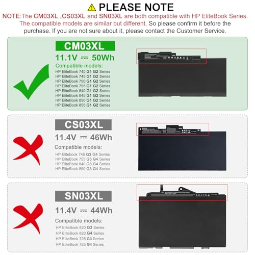 CM03XL CM03 Laptop Battery for HP Elitebook 740 745 750 755 840 845 850 855 G2, 840 850 G1, Zbook 14 G2 / 15u, Spare 717376-001 716724-421 CM03050XL, CO06XL CO06 HSTNN-DB4Q HSTNN-L11C-5 HSTNN-LB4R - size: 7.94*3.96*0.24inch CM03XL