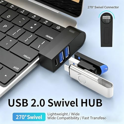 270° Rotatable USB Hub, 4-Port Compact Portable USB Splitter, USB 3.0 & 2.0 Dock for Laptop, PC, Notebook, Black/White