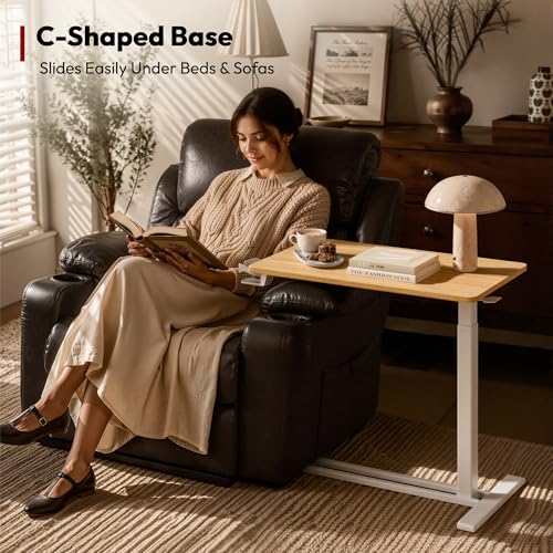 SANODESK 28''Pneumatic Adjustable Overbed Bedside Table with Hidden Casters | Medical Mobile Side End Table Laptop Computer Standing Desk Cart with Tray, Hospital and Home Use(27.6" W x 15.7" D,Maple) - color: Maple, size: Small