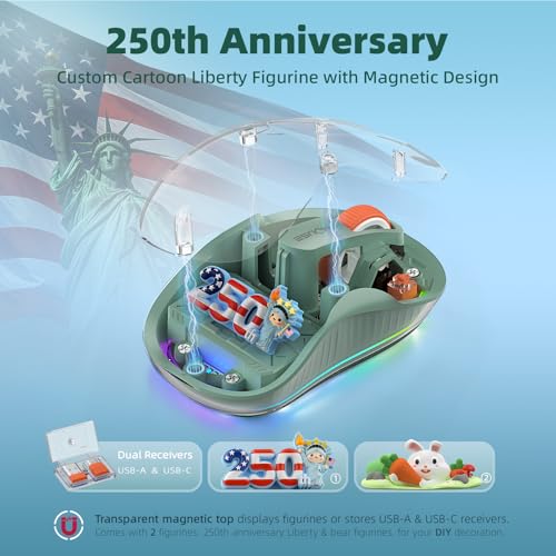 FMOUSE Transparent Wireless Mouse, 2 Cute 2026 Figurines, Tri-Mode, Green | Rechargeable | USB-A & USB-C Receivers for Mac, iPad, Laptop | 2.4G & Dual Bluetooth | Silent Clicks | RGB | Portable - color: Green