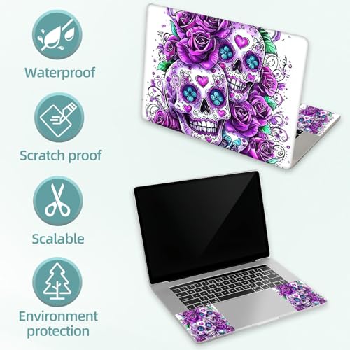 Universal Laptop Skin Decal, 3-Piece Vinyl Protector for 12 13 14 15.6" Notebook, Waterproof Anti-Scratch, Easy Trim & Bubble-Free Finish, Skull with Purple Roses - color: Skull with Purple Roses