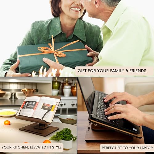 Vigo Wood Book Stand for Reading 360° Adjustable, Wooden Laptop Stand, Cookbooks Holder, Music Scores, Featuring Multi-Height Angles and Foldable Design with Page Clips.