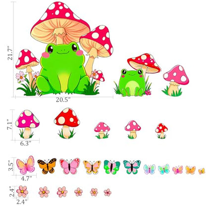 Cute Frog Red Mushroom Wall Decal Butterfly Flower Kids Nursery Decor Art | Adorable forest themed wall art, butterflies small flowers, removable vinyl decor for nursery, kids bedroom, preschool - style: Mushroom#5