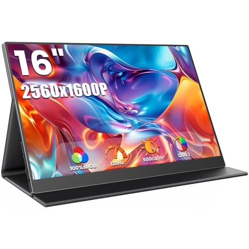 ZUCWO 16" 2.5k Portable Computer Monitor,Gaming Monitor,Portable Monitors for Laptop PC Mac Phone PS5,120Hz 100% sRGB LTPS Display HDR Screen Extender with Smart Cover, USB C & HDMI,Travel Work Home - size: 16" 2.5K