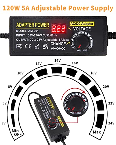 3V~24V 120W 5A Adjustable DC Power Supply AOYADAISU Universal Power Adapter with 14 Tips & Polarity Converter, 100-240V 50-60Hz Variable AC to DC Power Converter for LED Strip Light Camera 5000mA - style: 3-24V 5A 120W