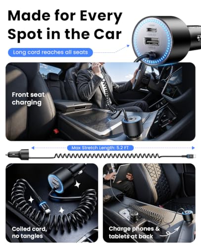 Rocoren 200W USB‑C Fast Car Charger, 5.2Ft Coiled Cable for Laptops & Phone | Super Fast Charging Travel Essentials for iPhone 17/16/15 Pro Max, MacBook Pro Air, Samsung S26/S25, iPad Pro
