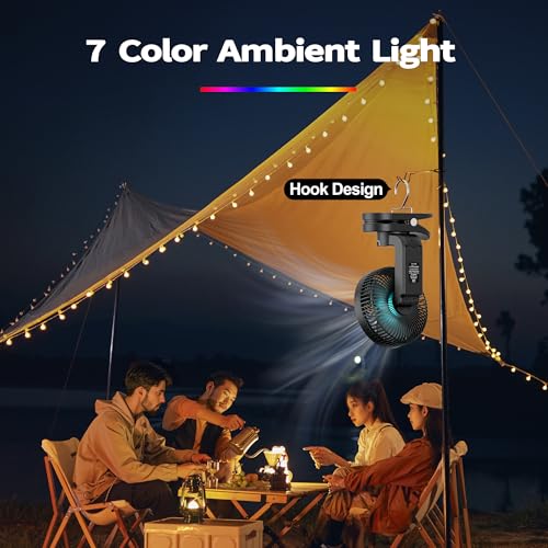 AMACOOL Battery Operated Camping Fan with Light, 20000mAh Rechargeable Clip on Fan with Hook & Digital Display, 112Hrs Running, 9 Speed, 360° Rotation Portable Small Fans for Tent Camping RV Travel - color: Black
