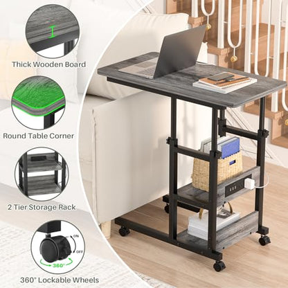 Height Adjustable End Table with Charging Station, Mobile C Shaped Laptop Side Table with Wheels, 3-Tier Sofa Couch Table with Storage Shelve for Living Room Bedroom, Grey Oak - color: Grey Oak