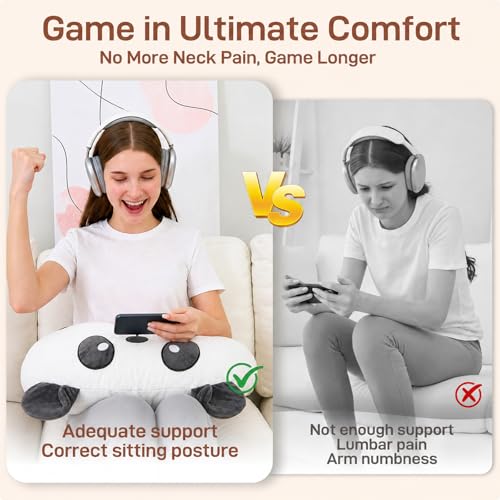 Lap Pillow, Cute Panda Crochet Pillow for Knitting, Crafting, Gaming, Reading and Phone Use on Bed, Sofa or Chair, U-Shaped Wrap Around Arm Support Cushion and Neck Pillow - color: Black & White Panda