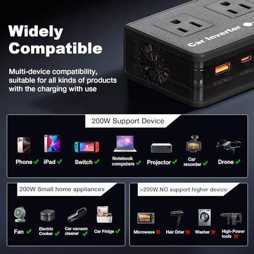 200W Car Power Inverter, Amcelooy Dual DC 12V to 110V AC Car Outlet Adapter to Wall Plug, Fast Charging 24W USB-C & USB Ports,Car Charger Cigarette Lighter Adapter for Phone,Laptop on Road Trip(Black) - color: Black