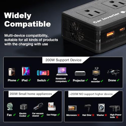 200W Car Power Inverter, Amcelooy Dual DC 12V to 110V AC Car Outlet Adapter to Wall Plug, Fast Charging 24W USB-C & USB Ports,Car Charger Cigarette Lighter Adapter for Phone,Laptop on Road Trip(Black) - color: Black
