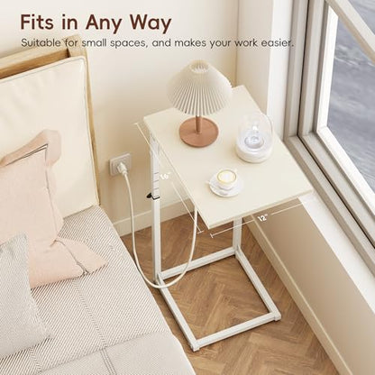 Vagusicc C Shaped End Table with Charging Station, Adjustable Height Side Table for Couch, Small Sofa Table C Table End Table, Slide Under Couch Table TV Tray Arm Table for Living Room, Bedroom, Cream - color: Cream White, style: With Plug