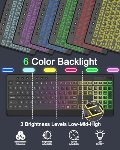 EDJO Wireless Keyboard and Mouse Combo, 10 Backlit Effects, Rechargeable 2.4GHz Silent Full-Size Light Up USB Keyboard with 6 Button RGB Mouse for Laptop, Computer, PC (Black Backlit) - color: black backlit