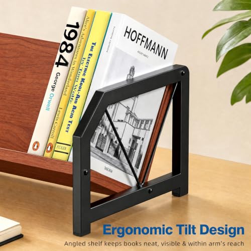 Desktop Bookshelf Organizer, Tilting Bookcase, Reddish Brown | Rustic Wood & Sturdy Metal Frame, Saves Desktop Space for Books/CDs/Magazine Display