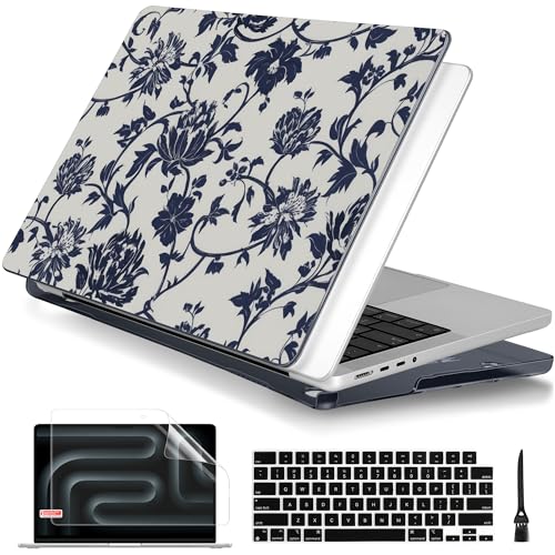 Batianda Aesthetic Case for MacBook Pro 14 Inch 2026-2021, Navy Floral Vine | Fits M5/M4/M3/M2/M1 Pro Max Model, with Artistic Porcelain Vine Flower Design, Slim Hard Shell For Office Women and Teachers - color: Navy flowers